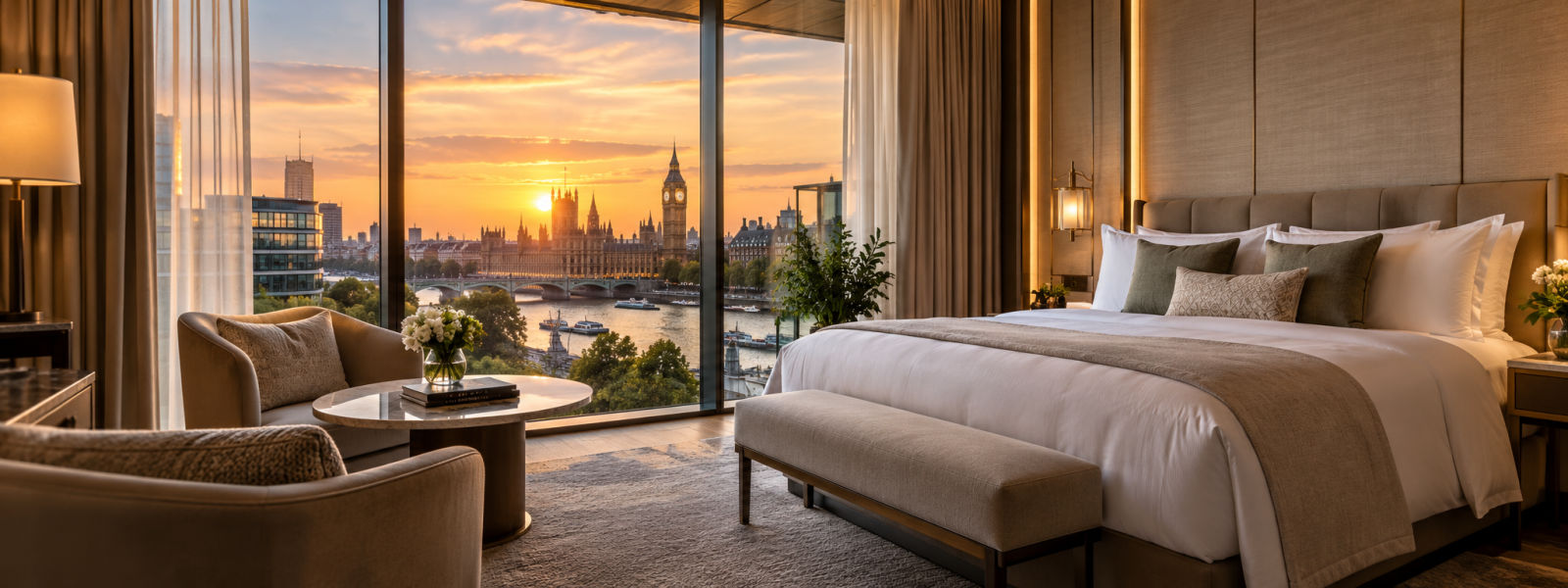 A hotel room at sunset with a view over the Thames and Big Ben.